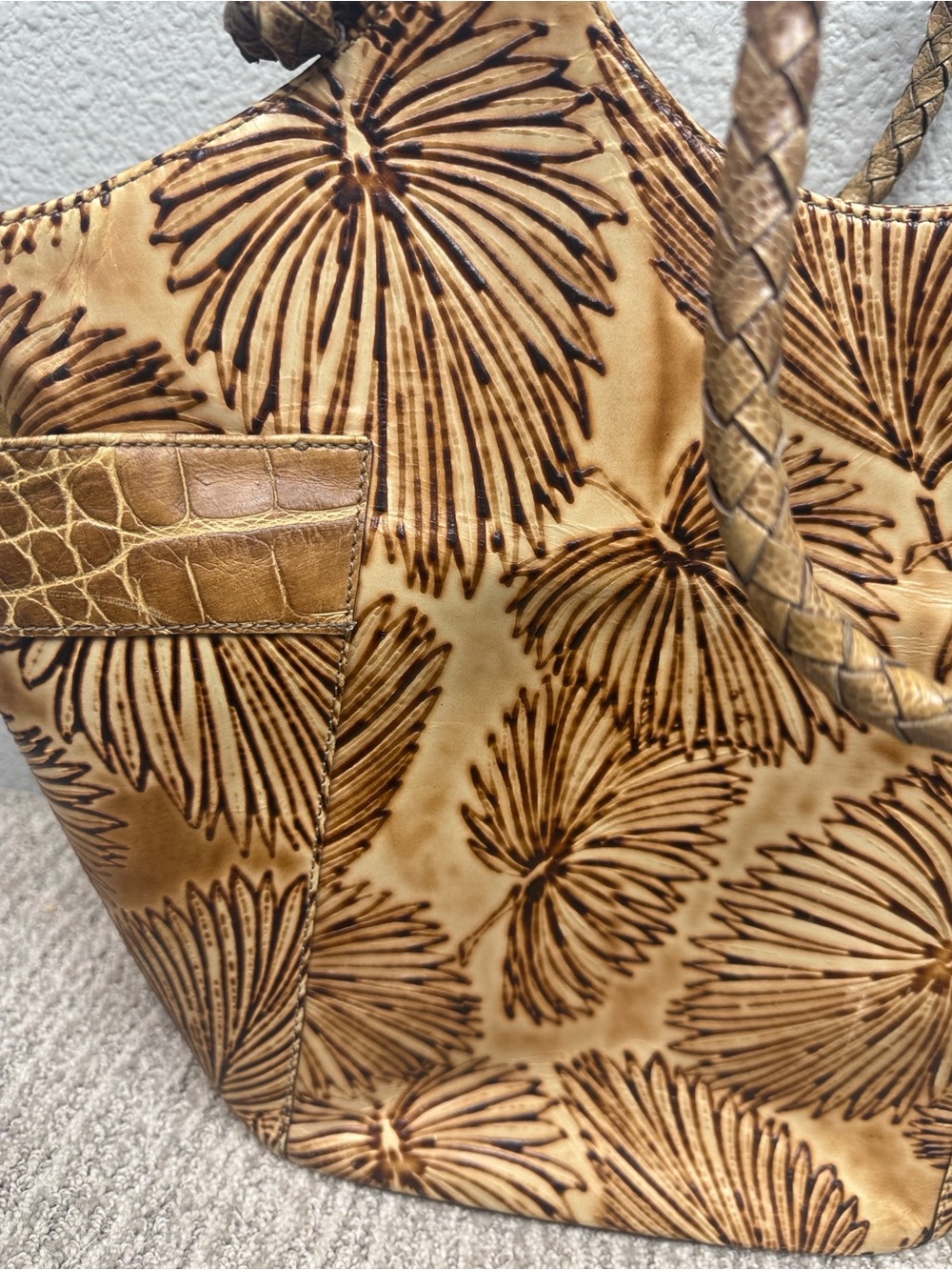 RARE Vintage Brahmin Tahiti Palm Kelsea Floral-Embossed Leather Tote - Picture 9 of 12